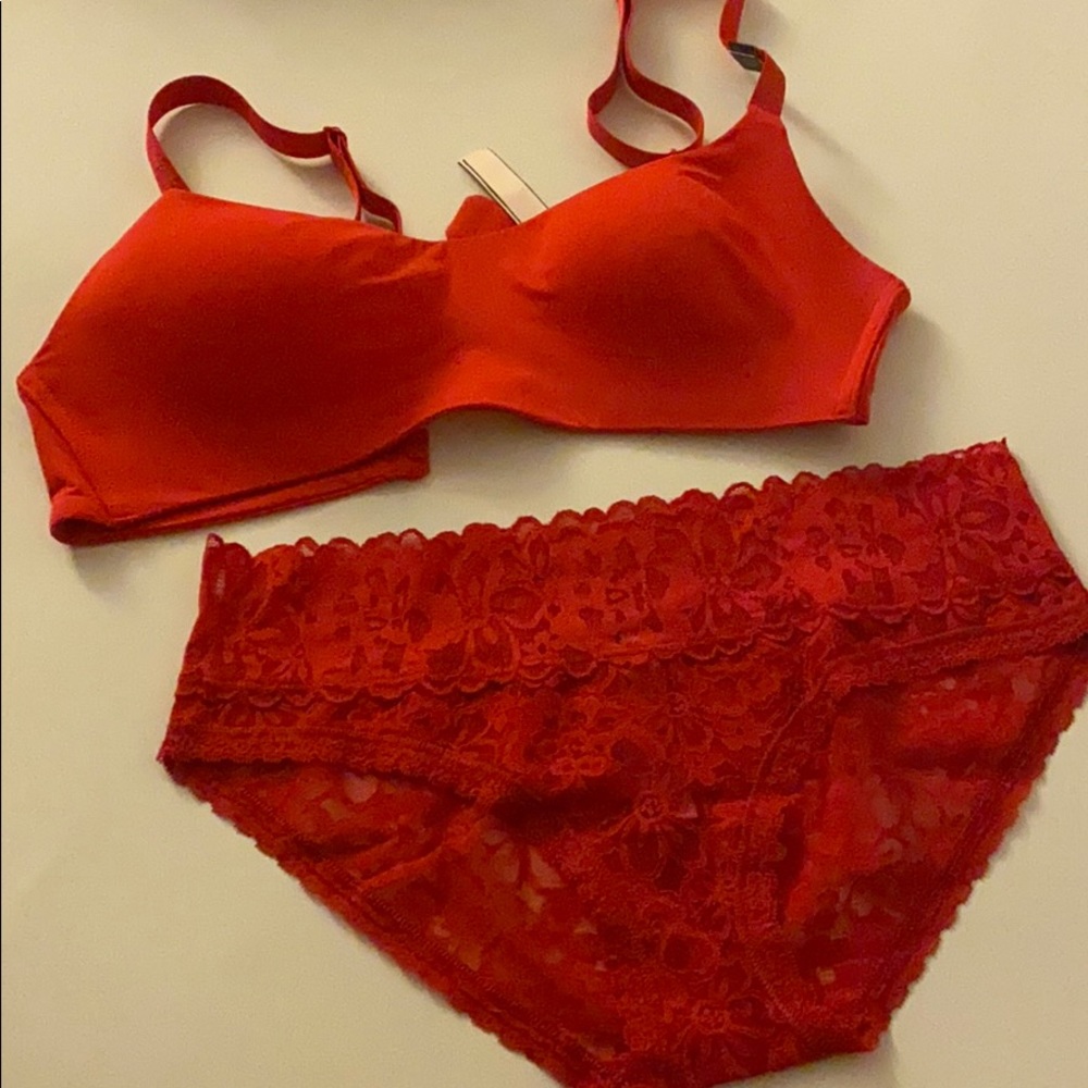 VS red satin like bra and lace panty